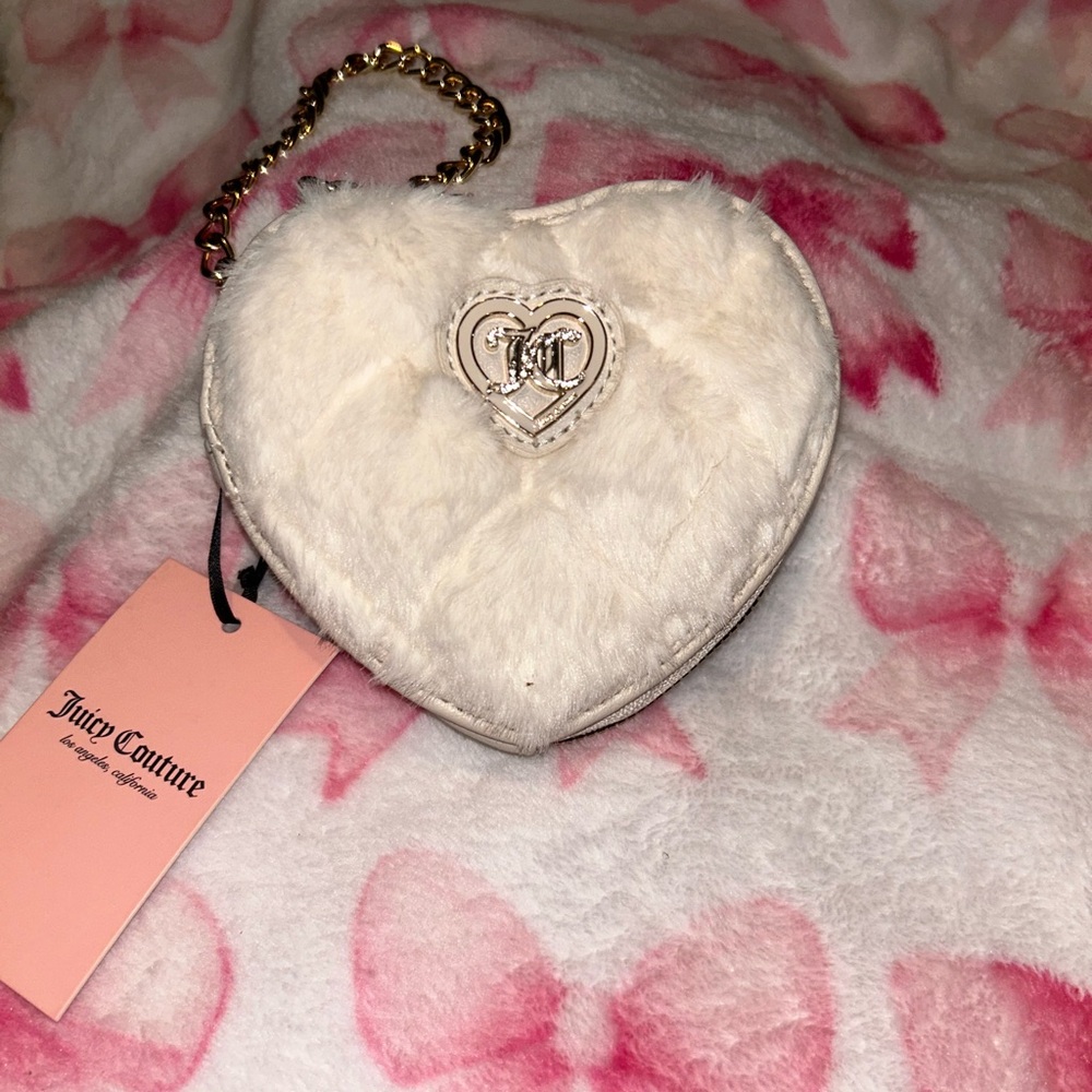 Juicy Couture Cream Plush Heart Crossbody with Gold Chain